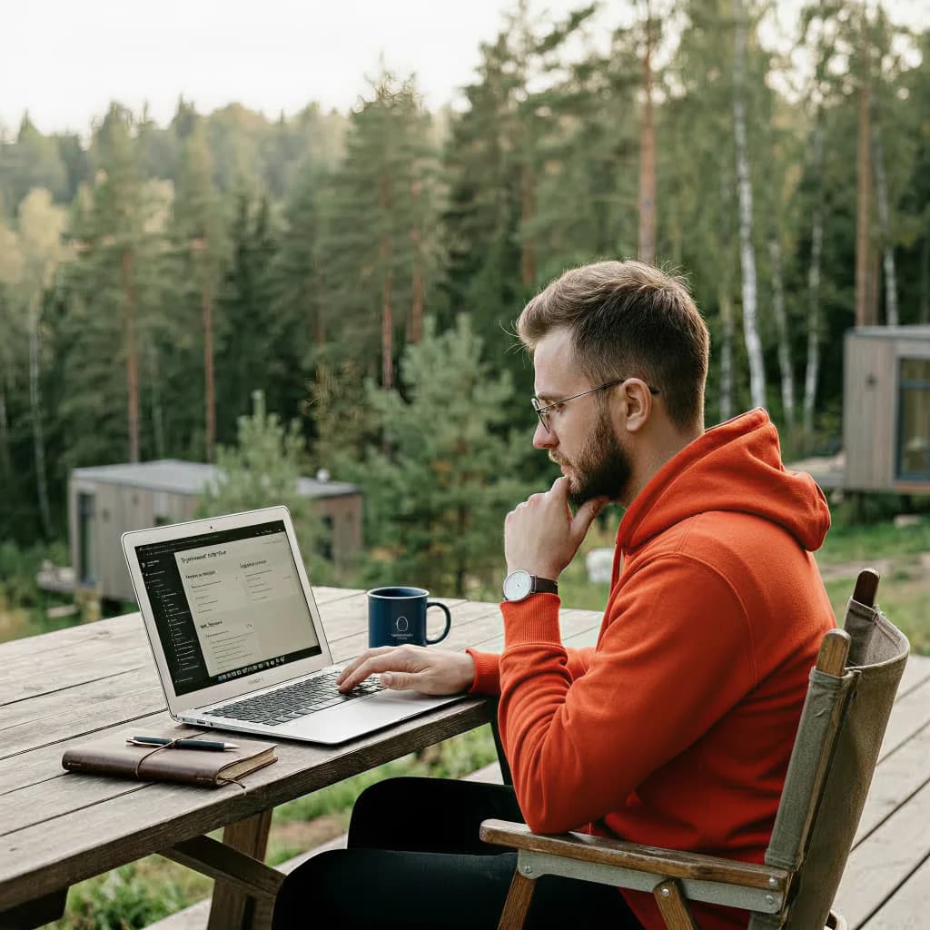 Молодой специалист работает за ноутбуком на природе